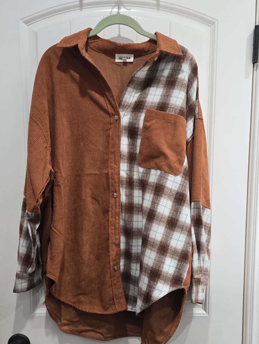 ADORA Brown Corduroy and Plaid Button-Down Shirt